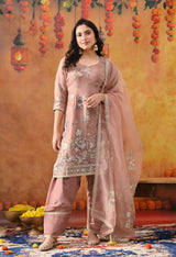 Dark Peach Tissue Organza Kurta Set with Salwar & Matching Dupatta