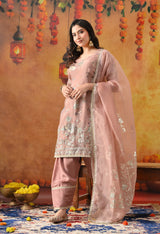 Dark Peach Tissue Organza Kurta Set with Salwar & Matching Dupatta