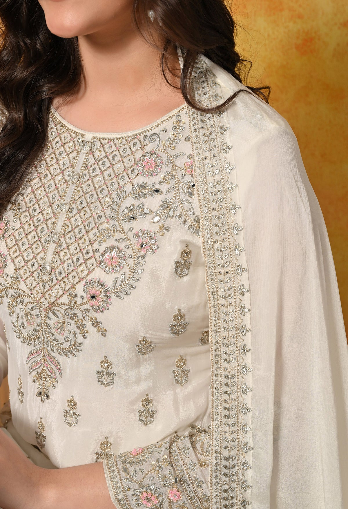 Golden Cream Zardozi Embellished Chinon Lehenga Set