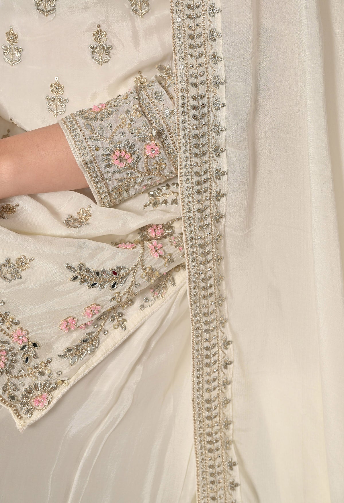Golden Cream Zardozi Embellished Chinon Lehenga Set