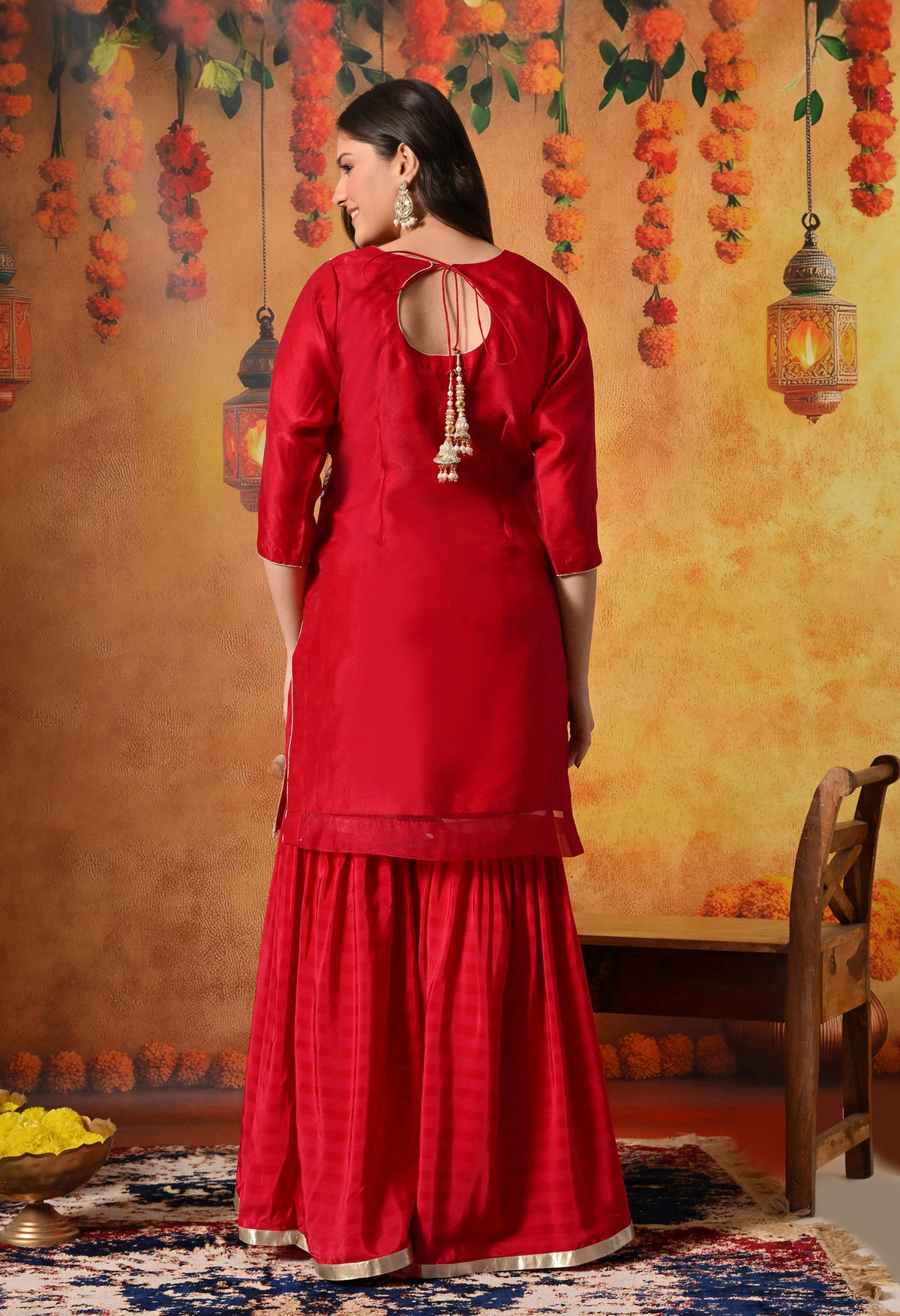 Reddish Pink Gotta & Crystal Embellished Tissue Organza Gharara Set