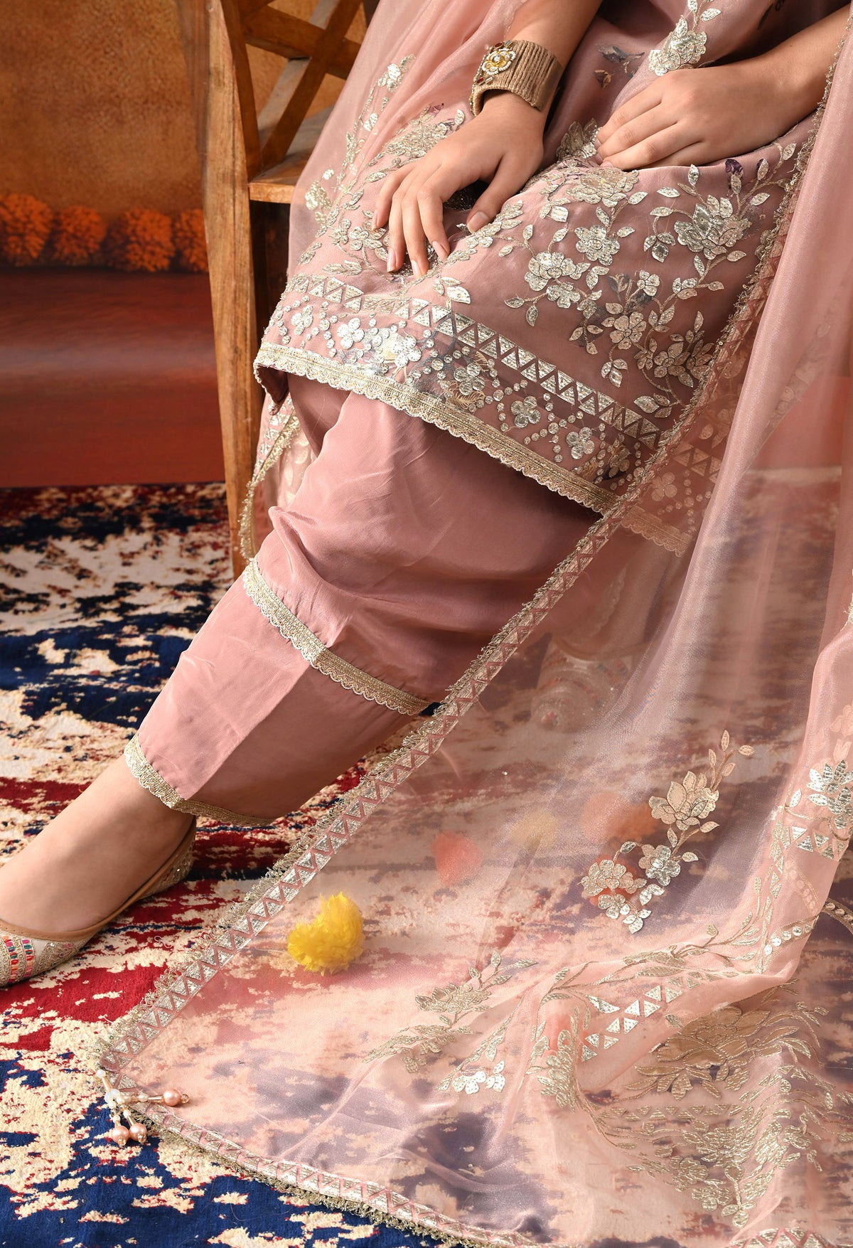 Dark Peach Tissue Organza Kurta Set with Salwar & Matching Dupatta