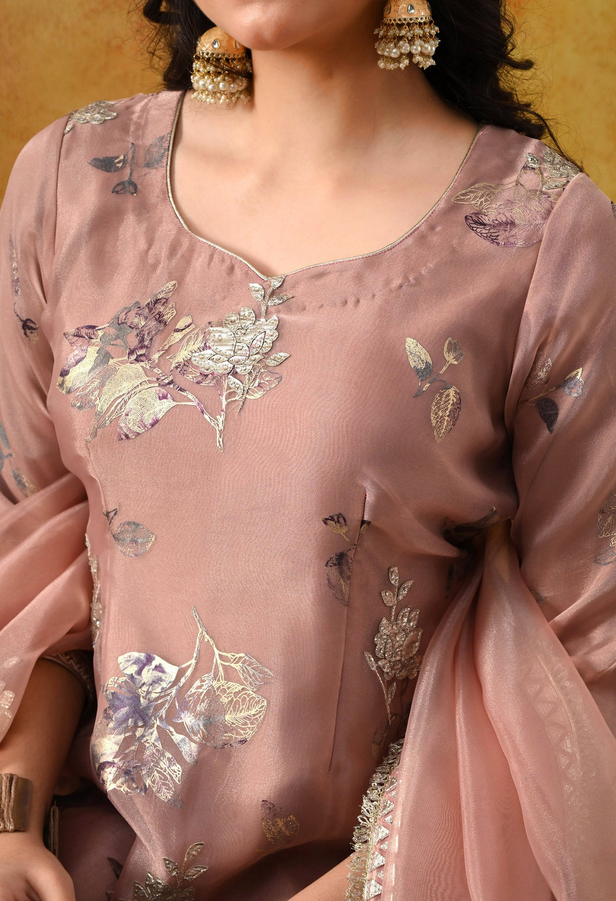 Dark Peach Tissue Organza Kurta Set with Salwar & Matching Dupatta