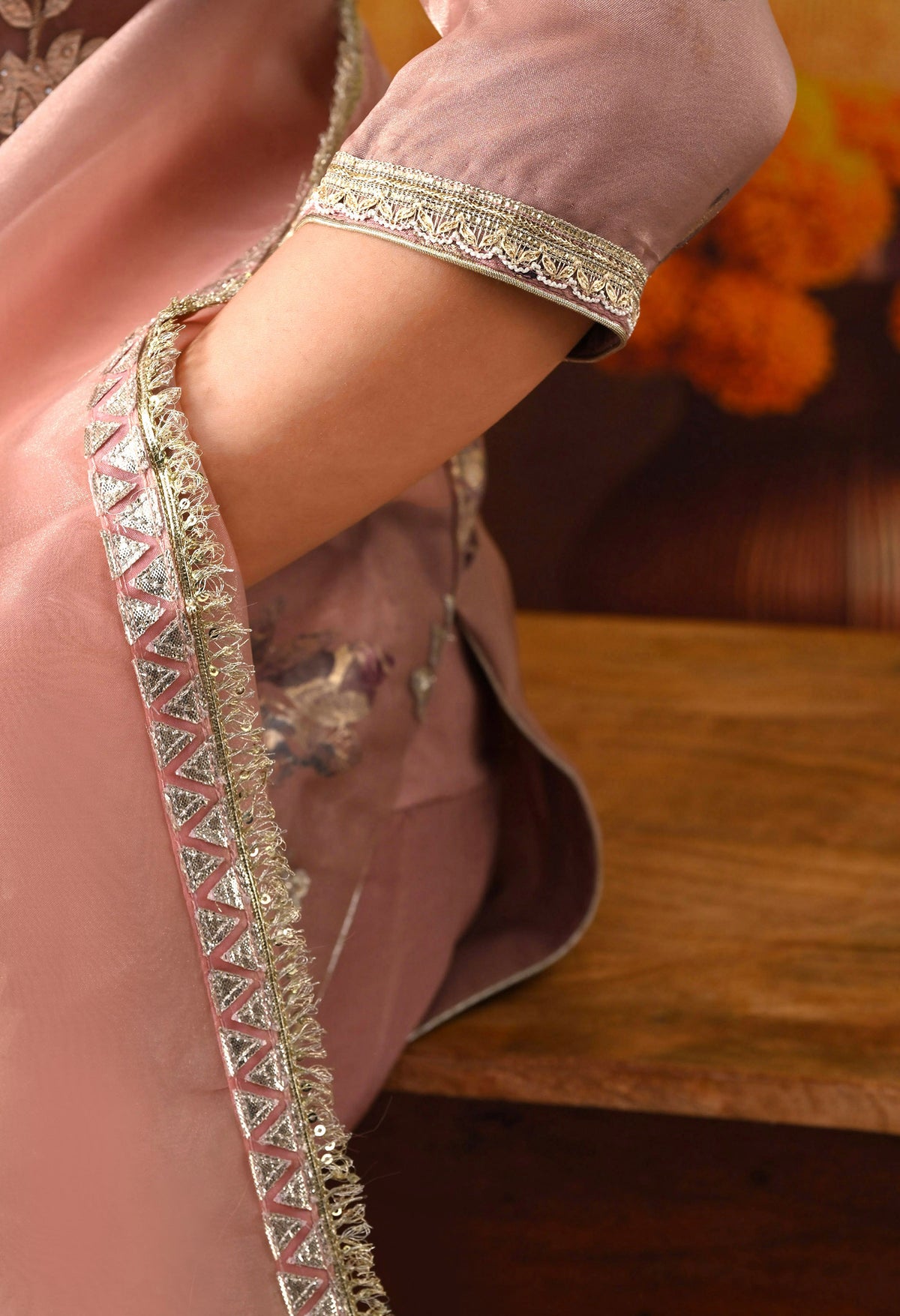 Dark Peach Tissue Organza Kurta Set with Salwar & Matching Dupatta