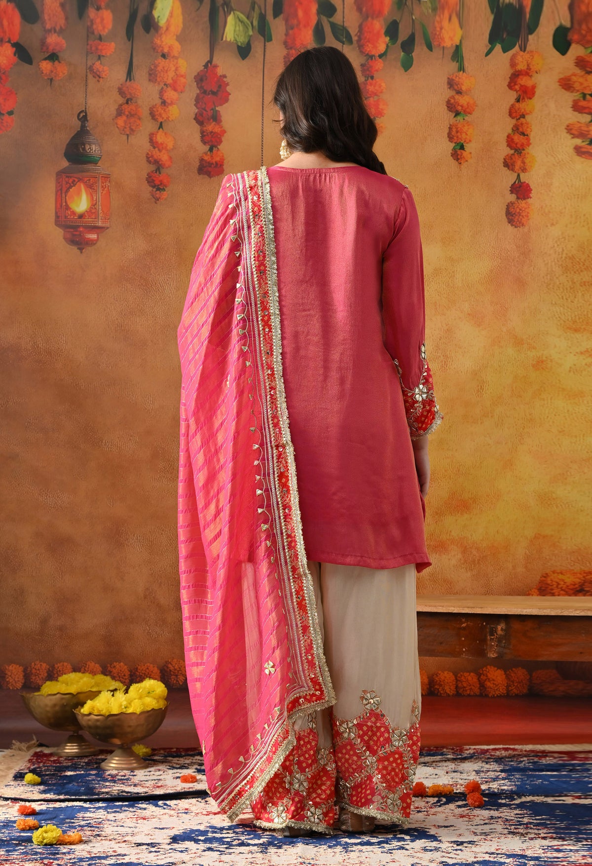 Pink Tissue Silk Kurta Set with Gotta & Zardozi Work