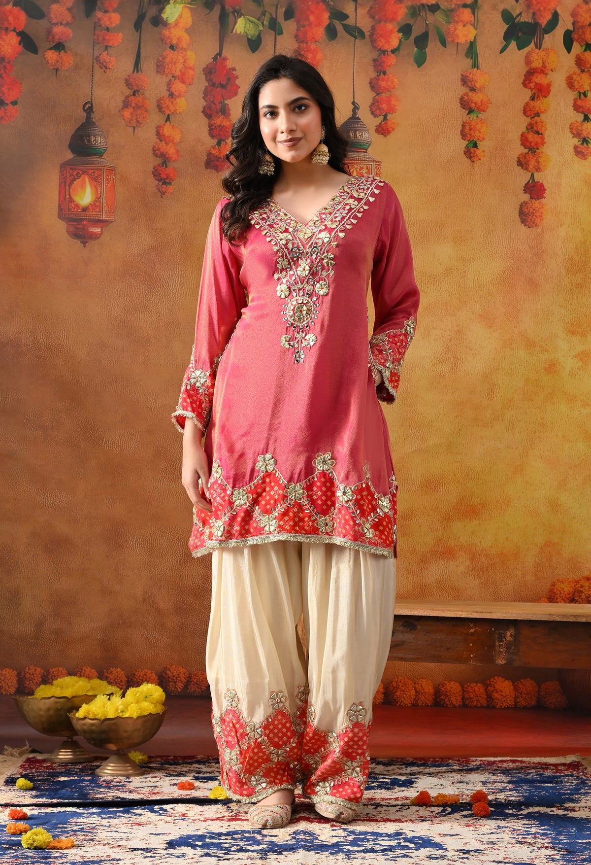 Pink Tissue Silk Kurta Set with Gotta & Zardozi Work