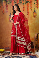 Reddish Pink Gotta & Crystal Embellished Tissue Organza Gharara Set