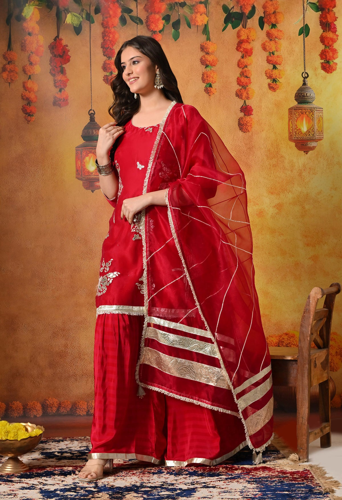 Reddish Pink Gotta & Crystal Embellished Tissue Organza Gharara Set