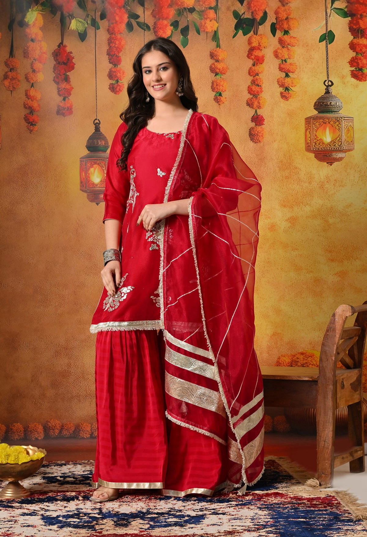 Reddish Pink Gotta & Crystal Embellished Tissue Organza Gharara Set