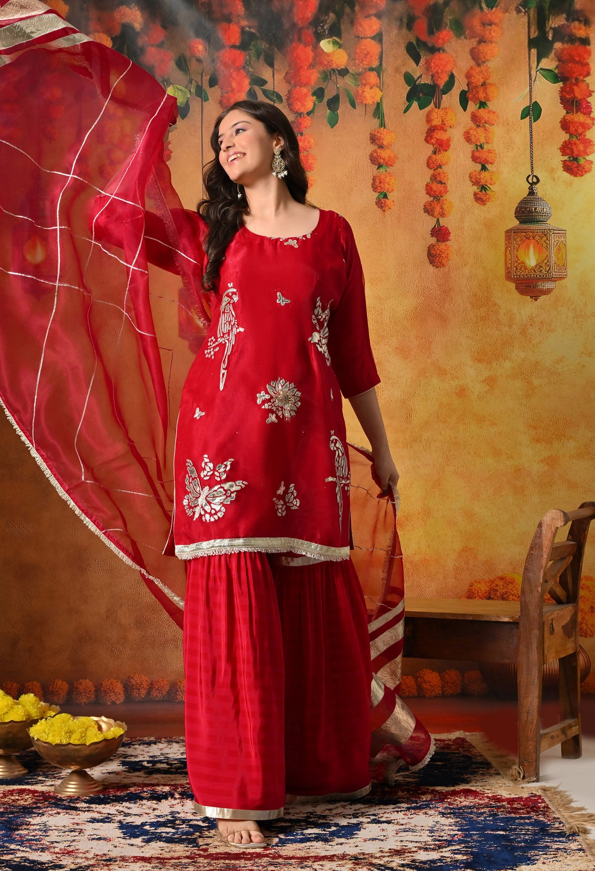 Reddish Pink Gotta & Crystal Embellished Tissue Organza Gharara Set