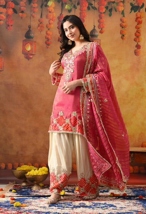 Pink Tissue Silk Kurta Set with Gotta & Zardozi Work