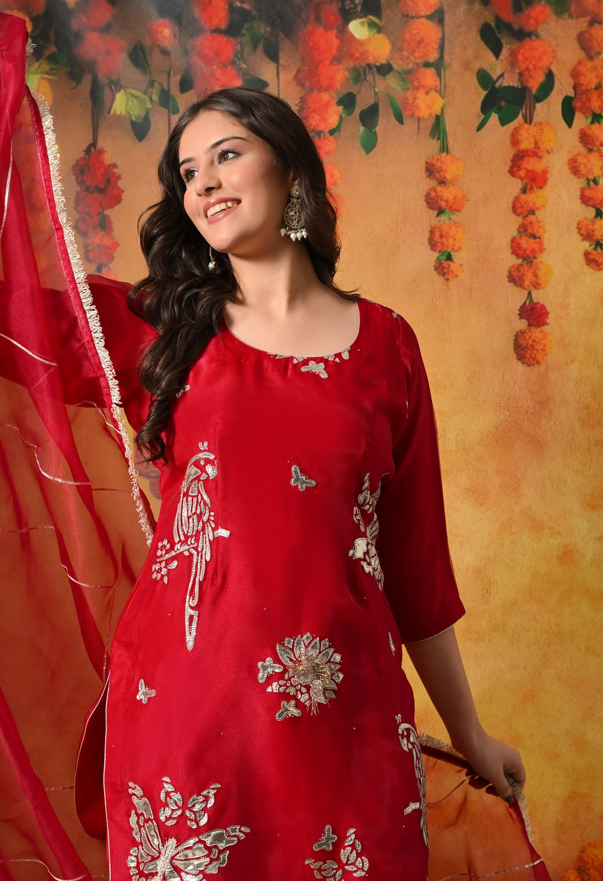 Reddish Pink Gotta & Crystal Embellished Tissue Organza Gharara Set