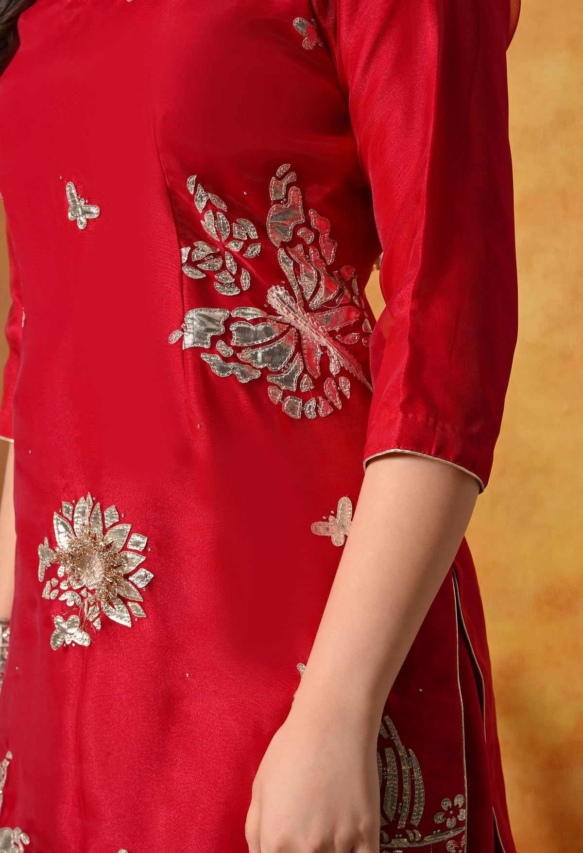 Reddish Pink Gotta & Crystal Embellished Tissue Organza Gharara Set