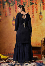 Navy Blue Gotta & Crystal Embellished Tissue Organza Gharara Set