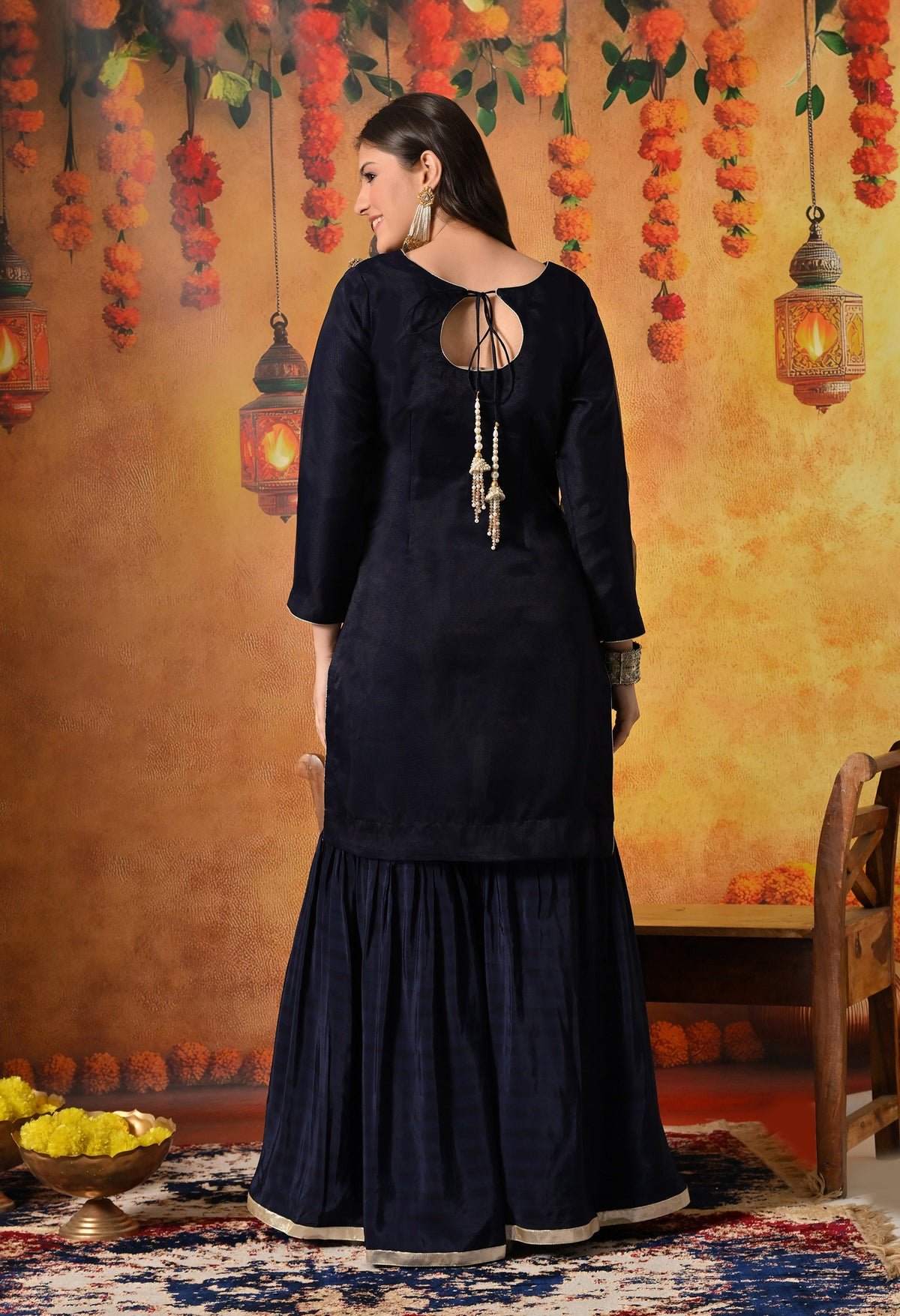Navy Blue Gotta & Crystal Embellished Tissue Organza Gharara Set