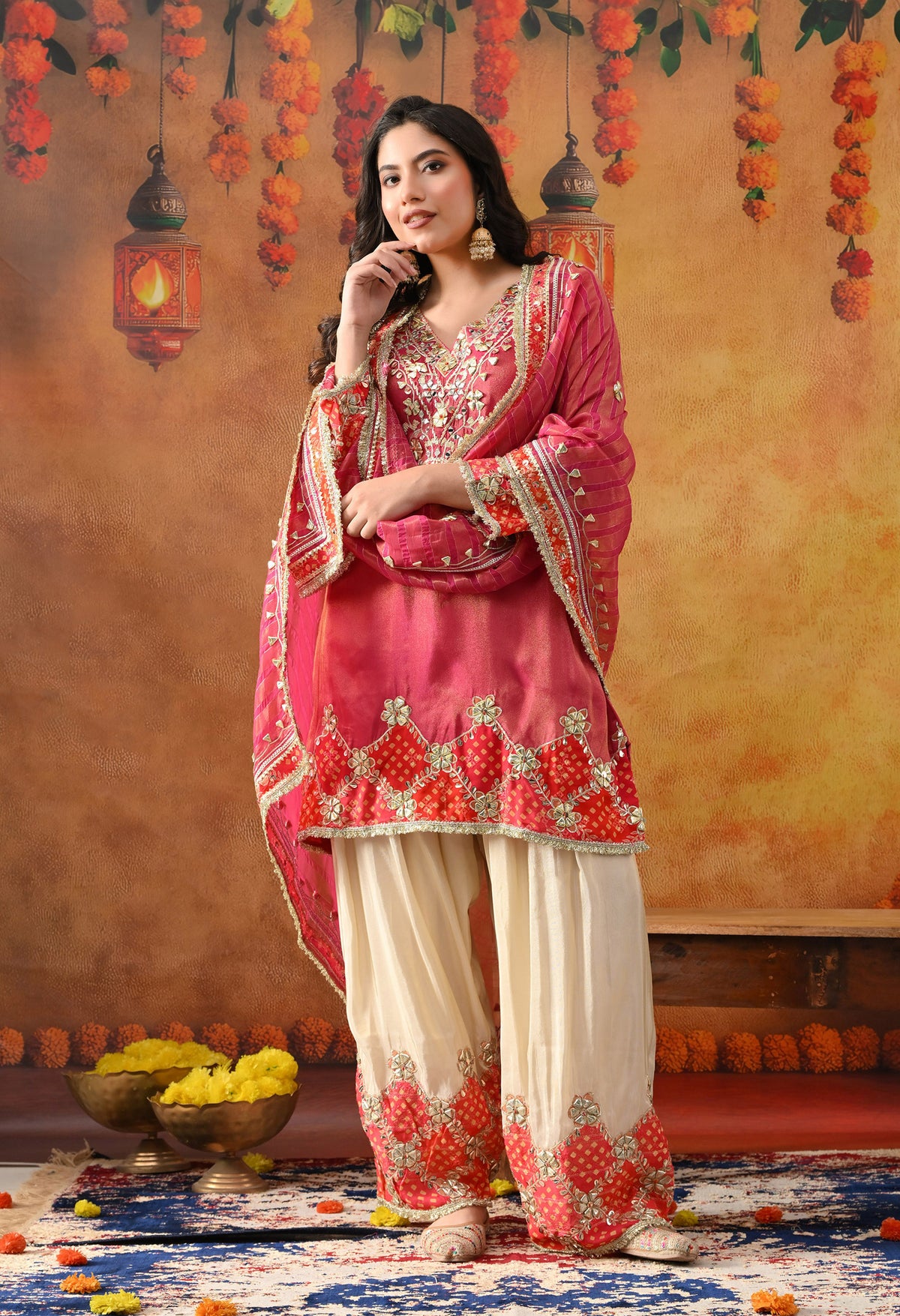 Pink Tissue Silk Kurta Set with Gotta & Zardozi Work