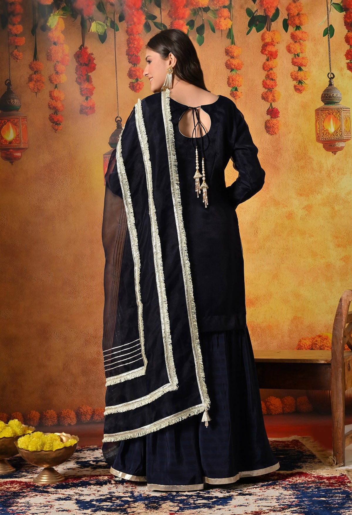Navy Blue Gotta & Crystal Embellished Tissue Organza Gharara Set