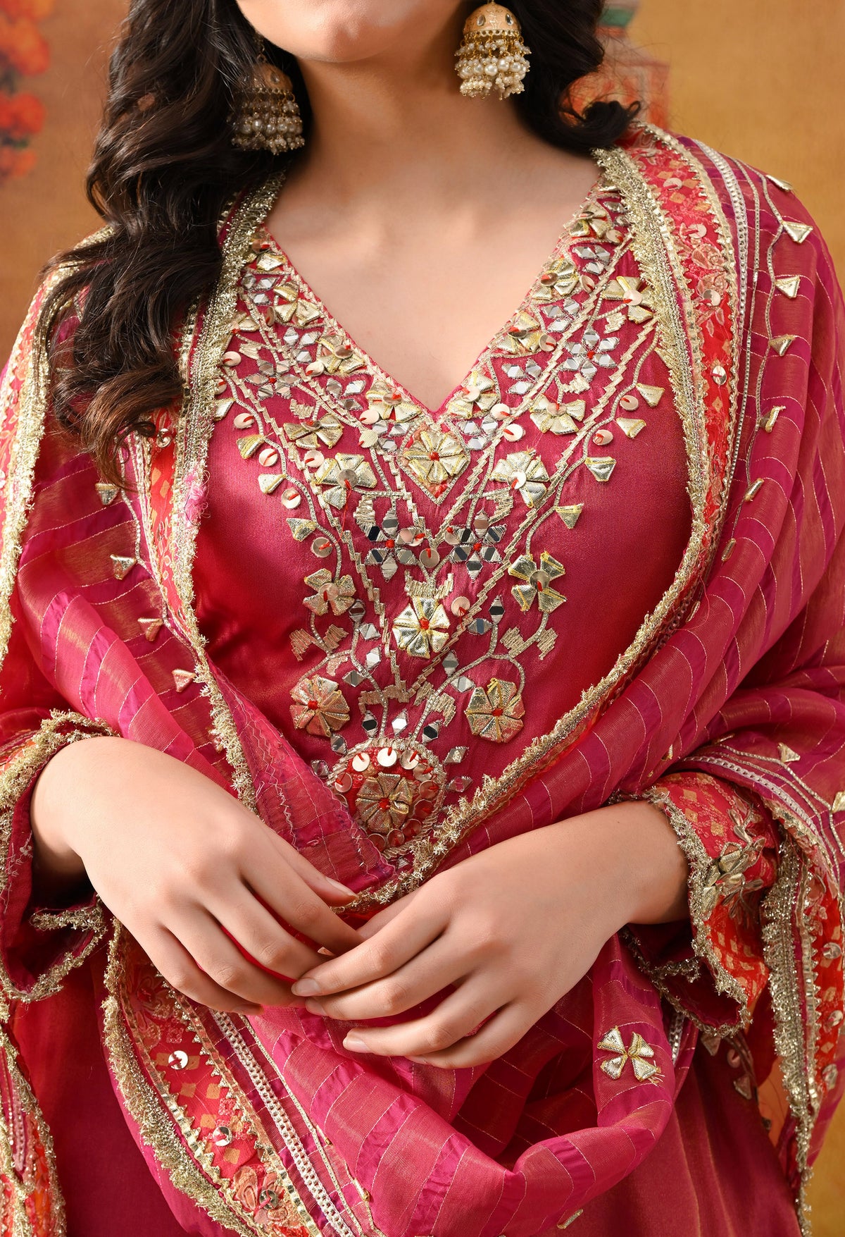 Pink Tissue Silk Kurta Set with Gotta & Zardozi Work