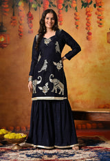 Navy Blue Gotta & Crystal Embellished Tissue Organza Gharara Set