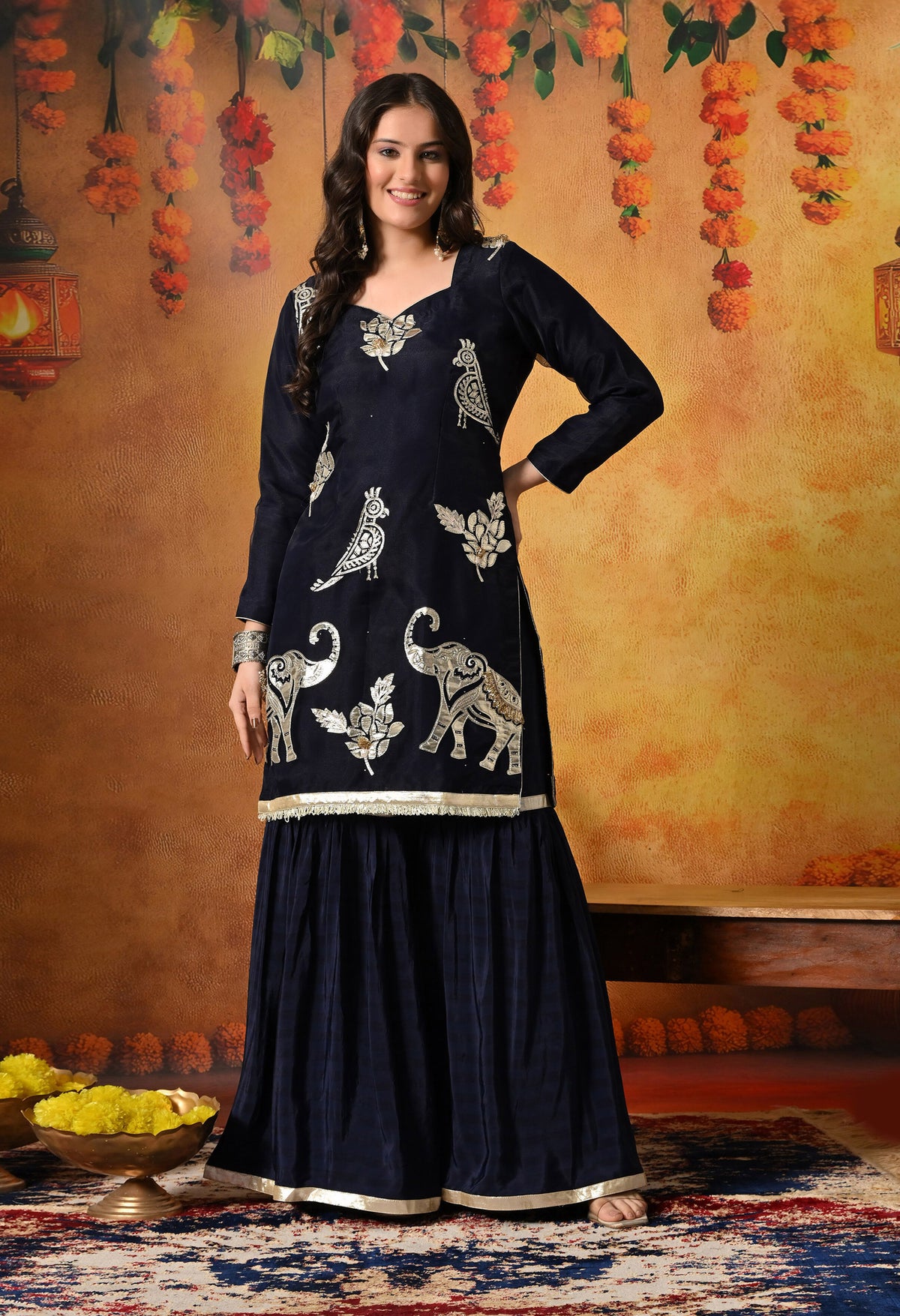 Navy Blue Gotta & Crystal Embellished Tissue Organza Gharara Set
