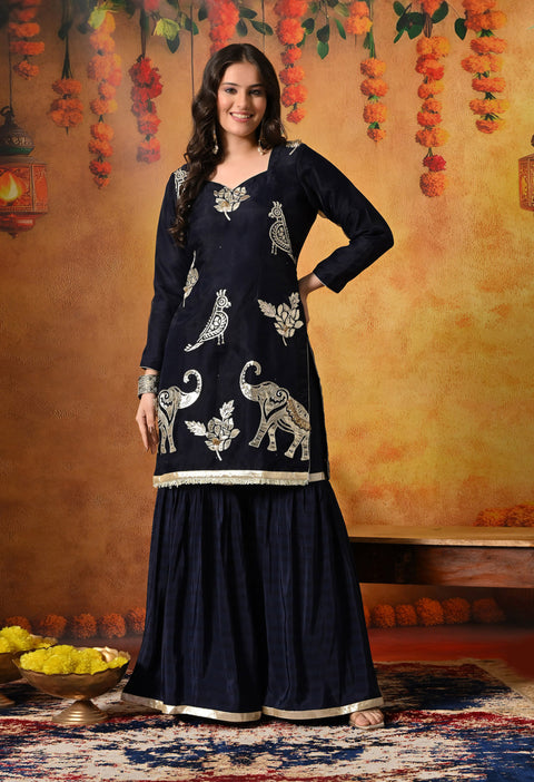 Navy Blue Gotta & Crystal Embellished Tissue Organza Gharara Set