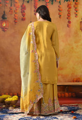 Yellow Tissue Crepe Sharara Set with Dual-Tone Yellow & Green Dupatta