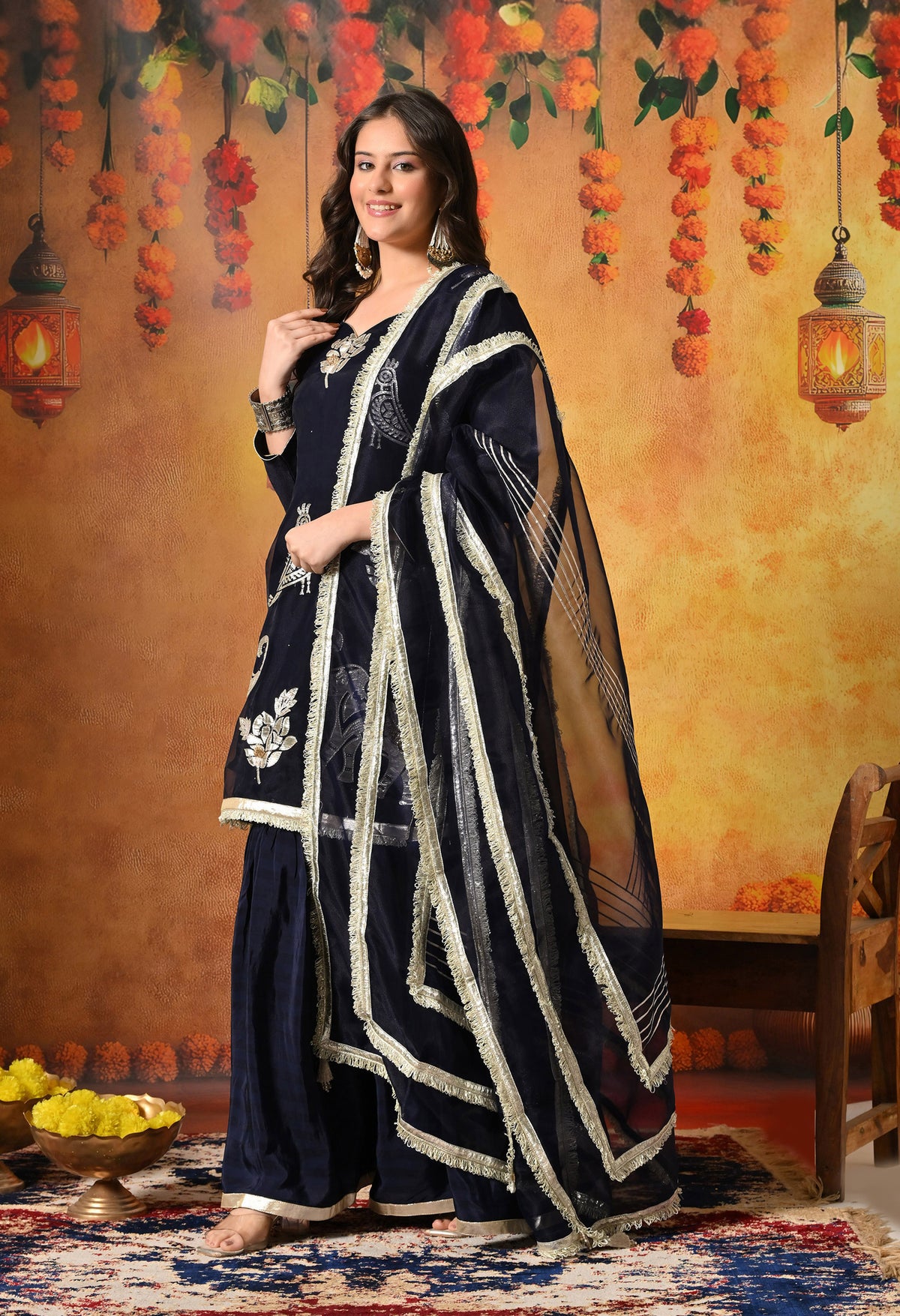 Navy Blue Gotta & Crystal Embellished Tissue Organza Gharara Set