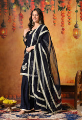 Navy Blue Gotta & Crystal Embellished Tissue Organza Gharara Set
