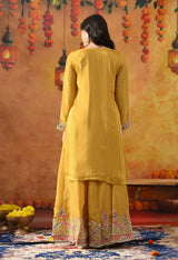 Yellow Tissue Crepe Sharara Set with Dual-Tone Yellow & Green Dupatta