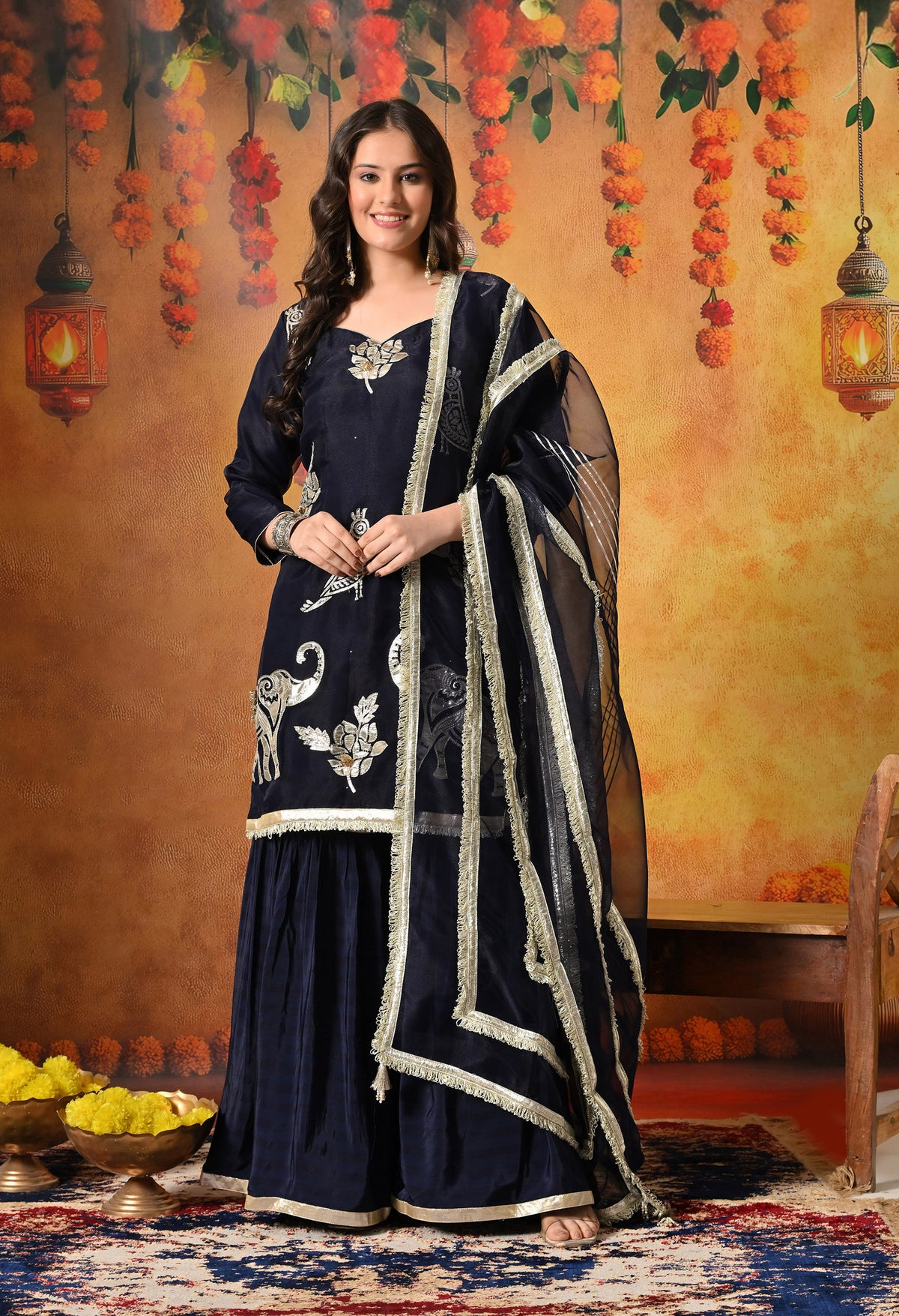 Navy Blue Gotta & Crystal Embellished Tissue Organza Gharara Set