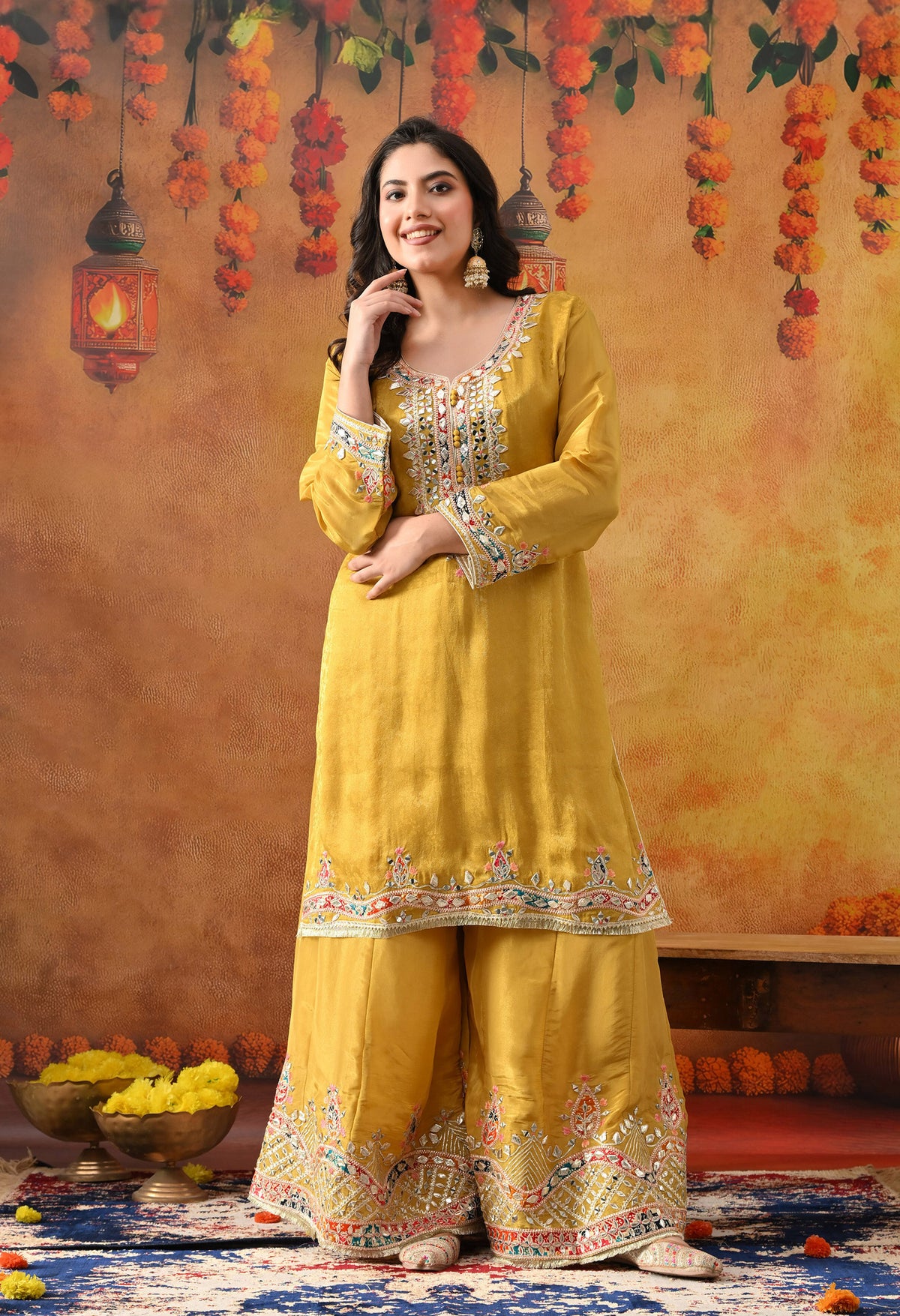 Yellow Tissue Crepe Sharara Set with Dual-Tone Yellow & Green Dupatta
