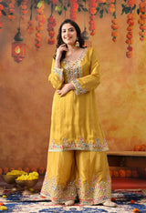 Yellow Tissue Crepe Sharara Set with Dual-Tone Yellow & Green Dupatta
