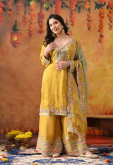 Yellow Tissue Crepe Sharara Set with Dual-Tone Yellow & Green Dupatta