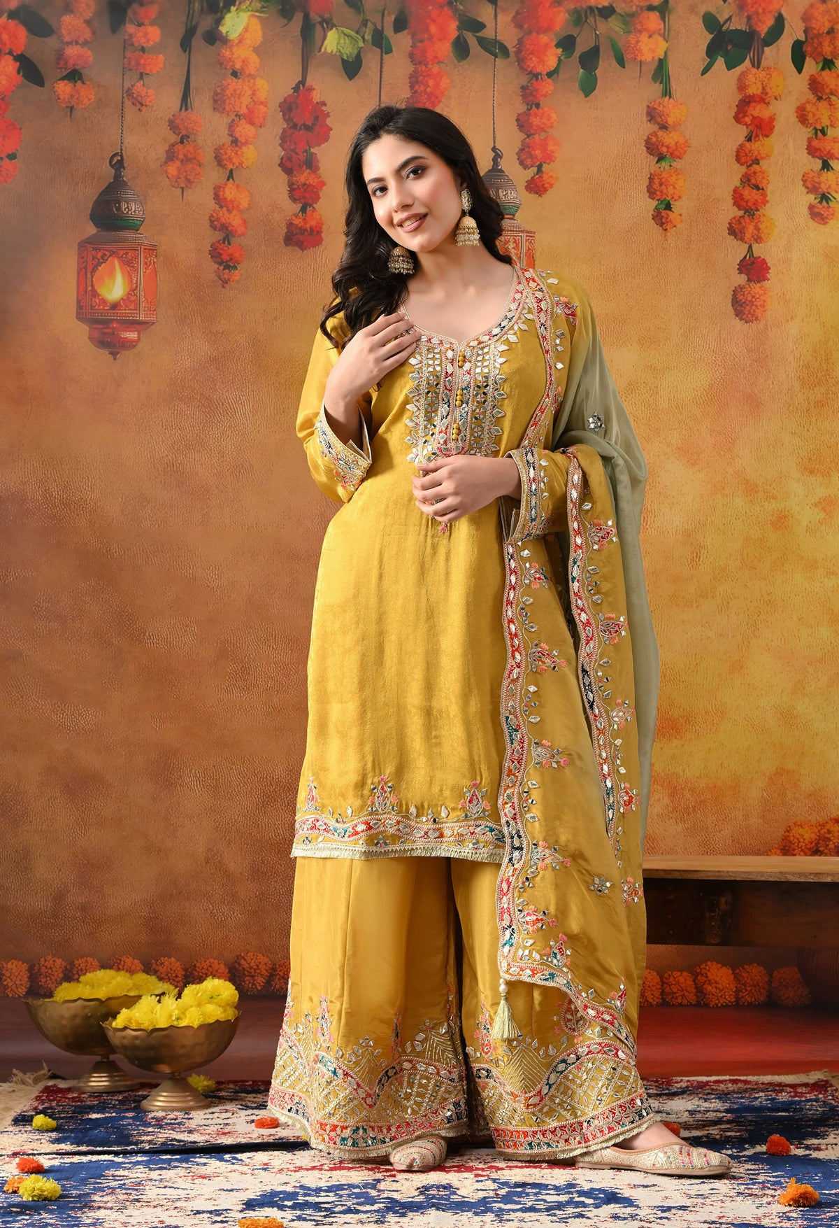 Yellow Tissue Crepe Sharara Set with Dual-Tone Yellow & Green Dupatta