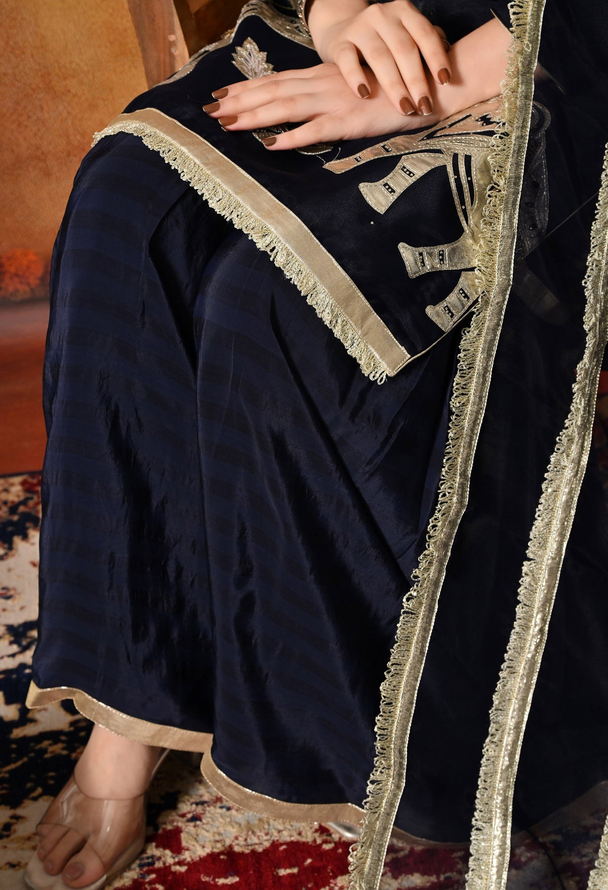 Navy Blue Gotta & Crystal Embellished Tissue Organza Gharara Set