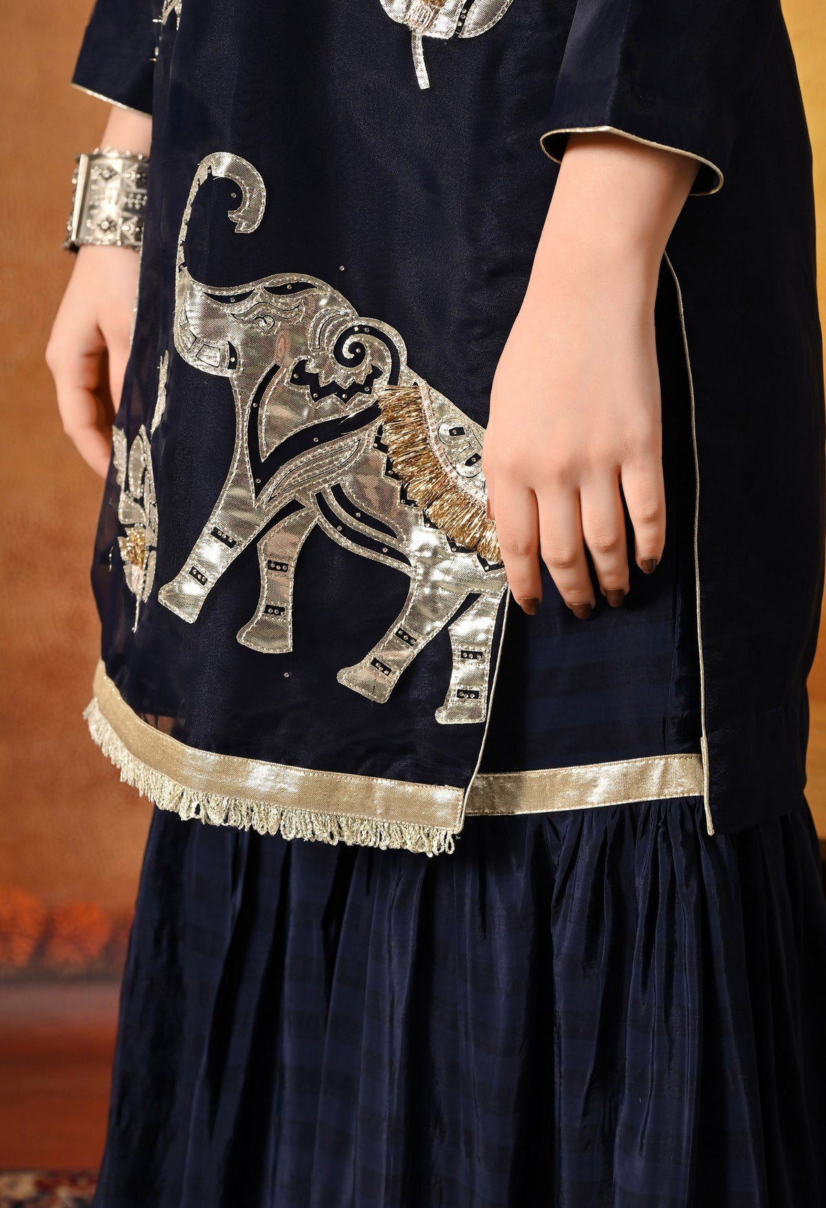 Navy Blue Gotta & Crystal Embellished Tissue Organza Gharara Set