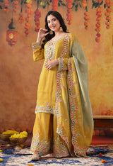 Yellow Tissue Crepe Sharara Set with Dual-Tone Yellow & Green Dupatta
