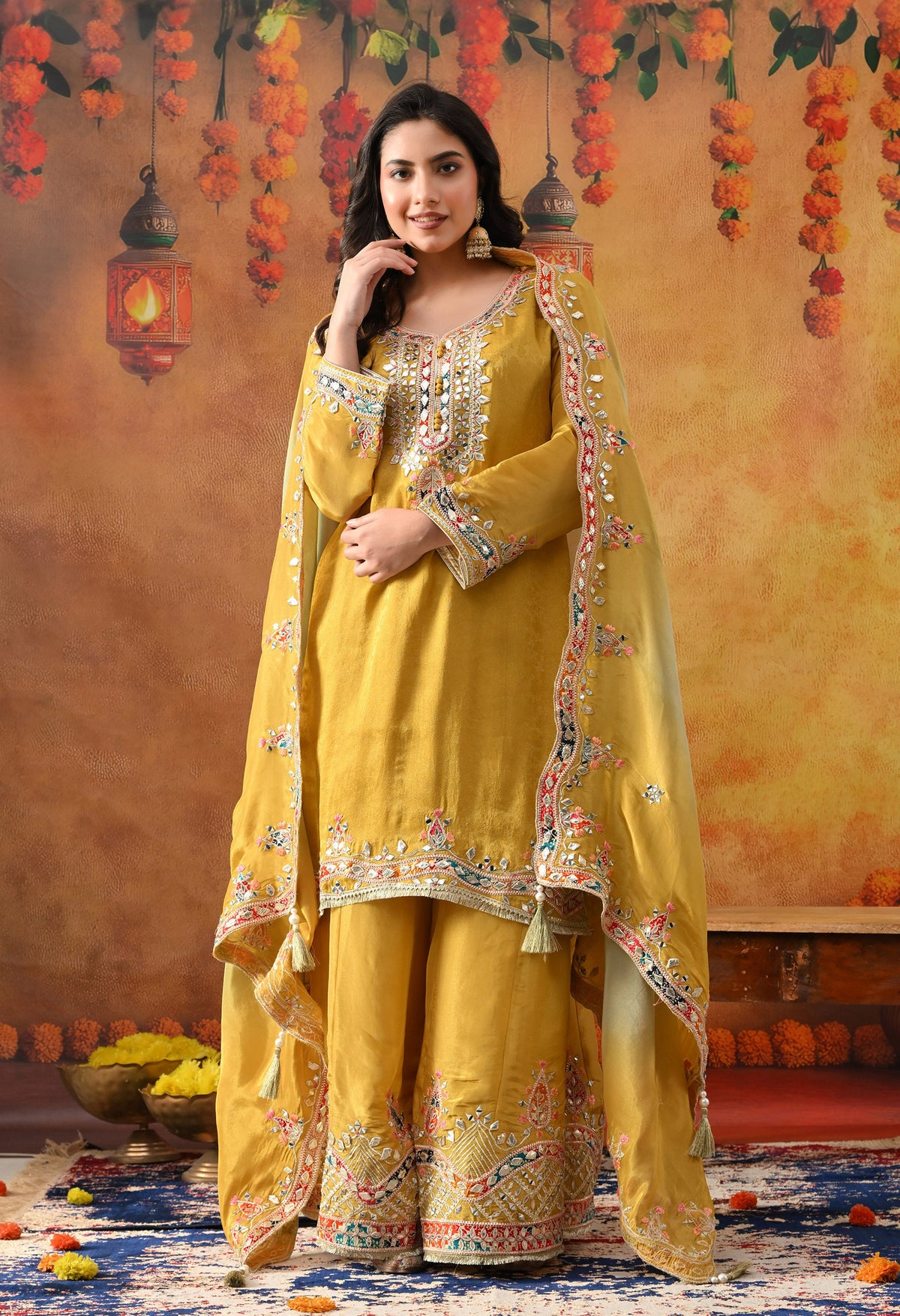 Yellow Tissue Crepe Sharara Set with Dual-Tone Yellow & Green Dupatta