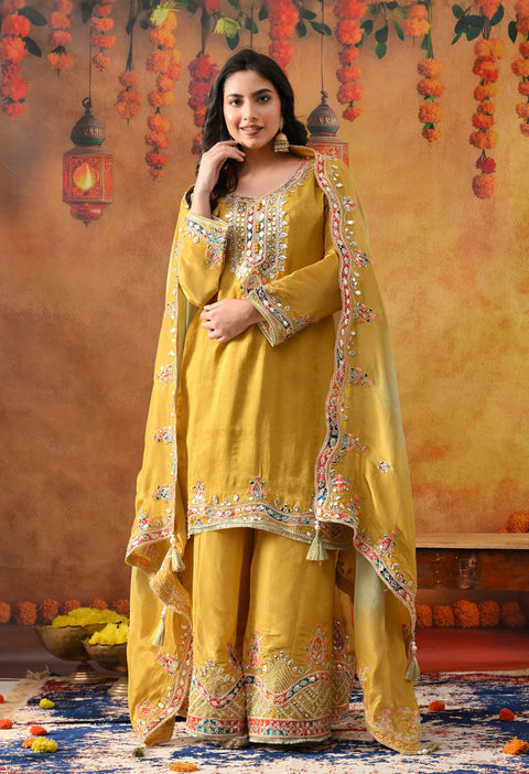 Yellow Tissue Crepe Sharara Set with Dual-Tone Yellow & Green Dupatta