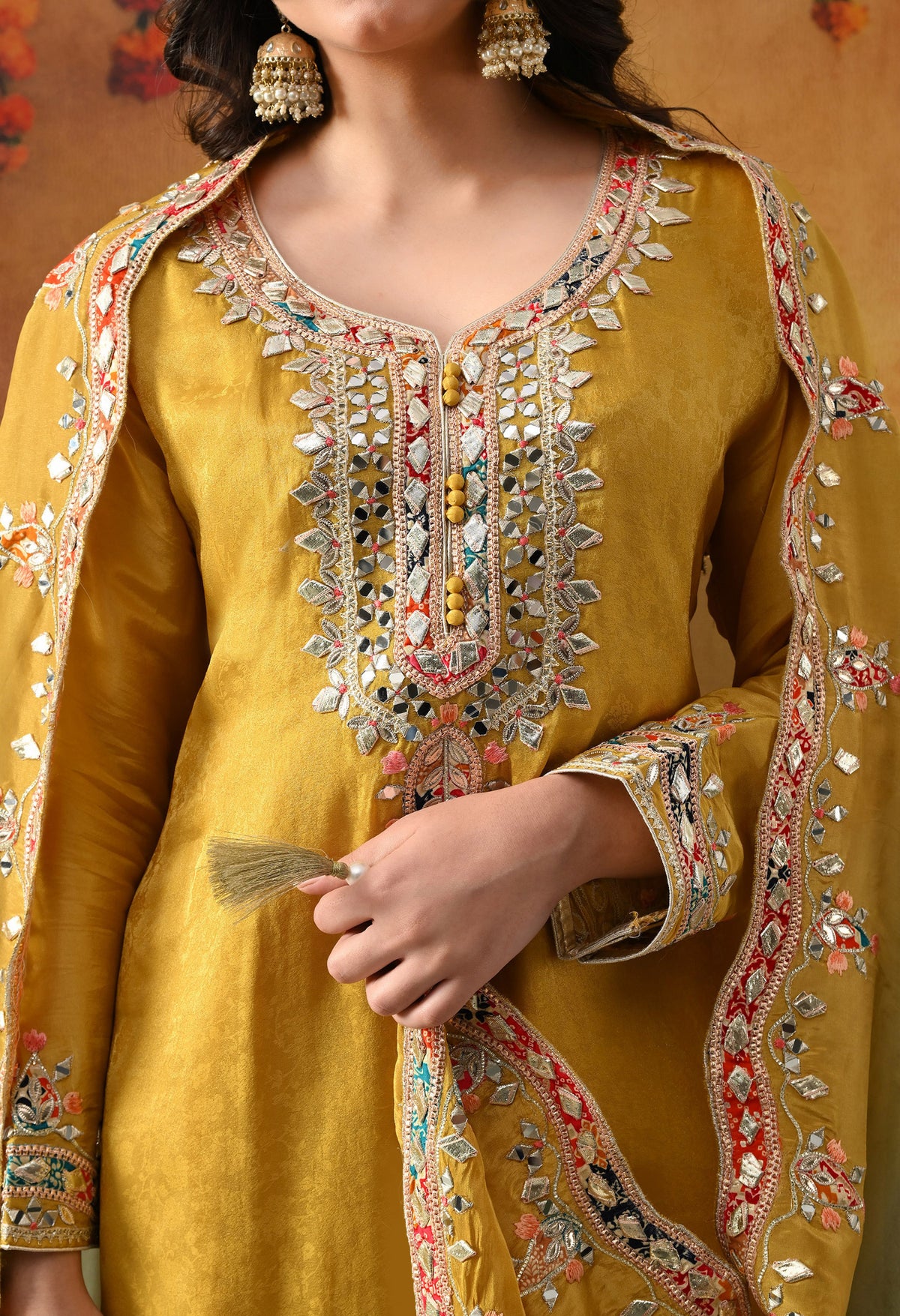 Yellow Tissue Crepe Sharara Set with Dual-Tone Yellow & Green Dupatta