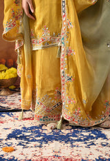 Yellow Tissue Crepe Sharara Set with Dual-Tone Yellow & Green Dupatta