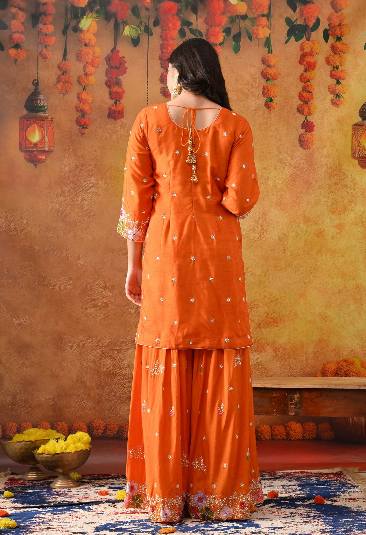 Orange Silk Gharara Set with Zardozi Work