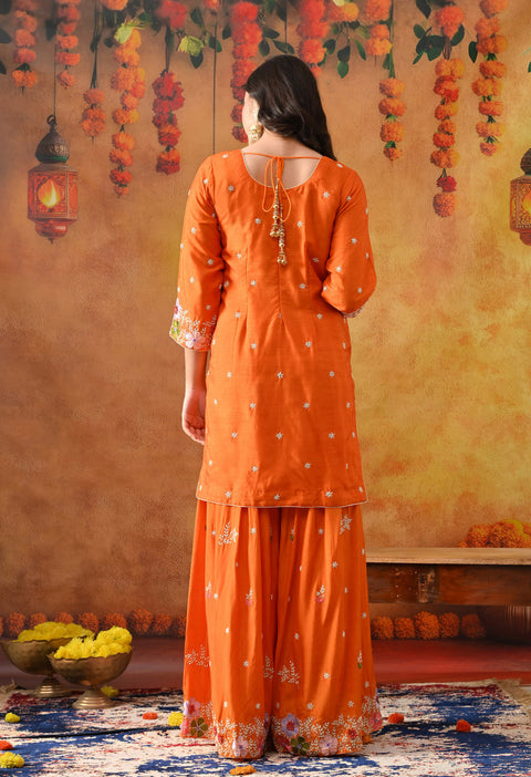 Orange Silk Gharara Set with Zardozi Work