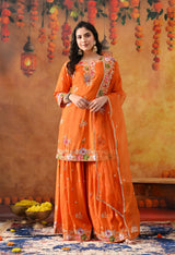 Orange Silk Gharara Set with Zardozi Work