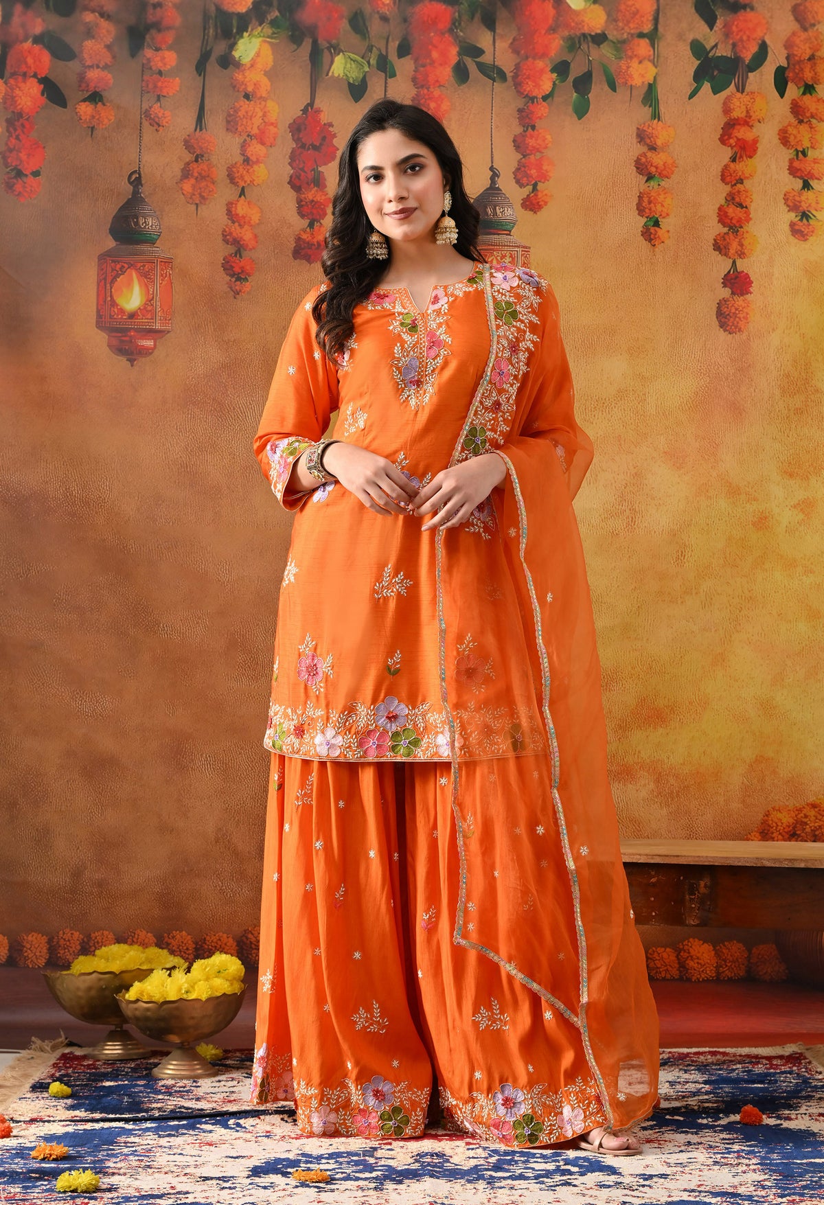 Orange Silk Gharara Set with Zardozi Work