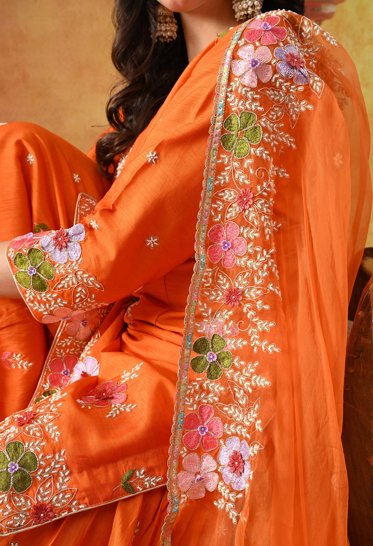 Orange Silk Gharara Set with Zardozi Work