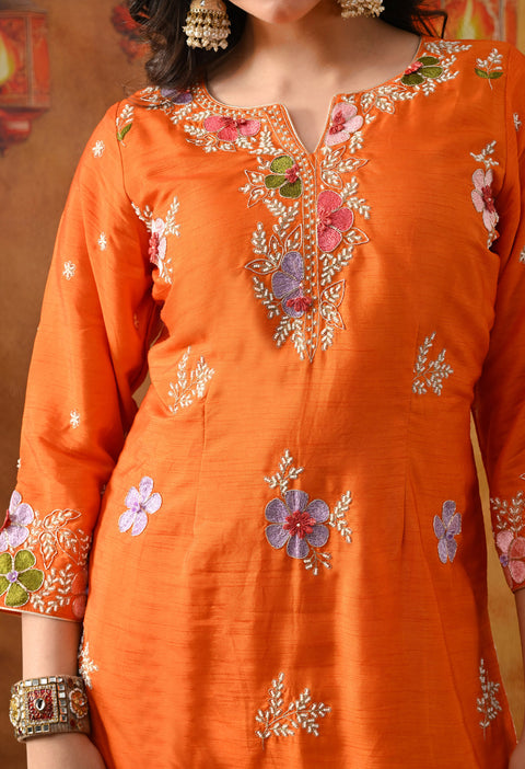 Orange Silk Gharara Set with Zardozi Work