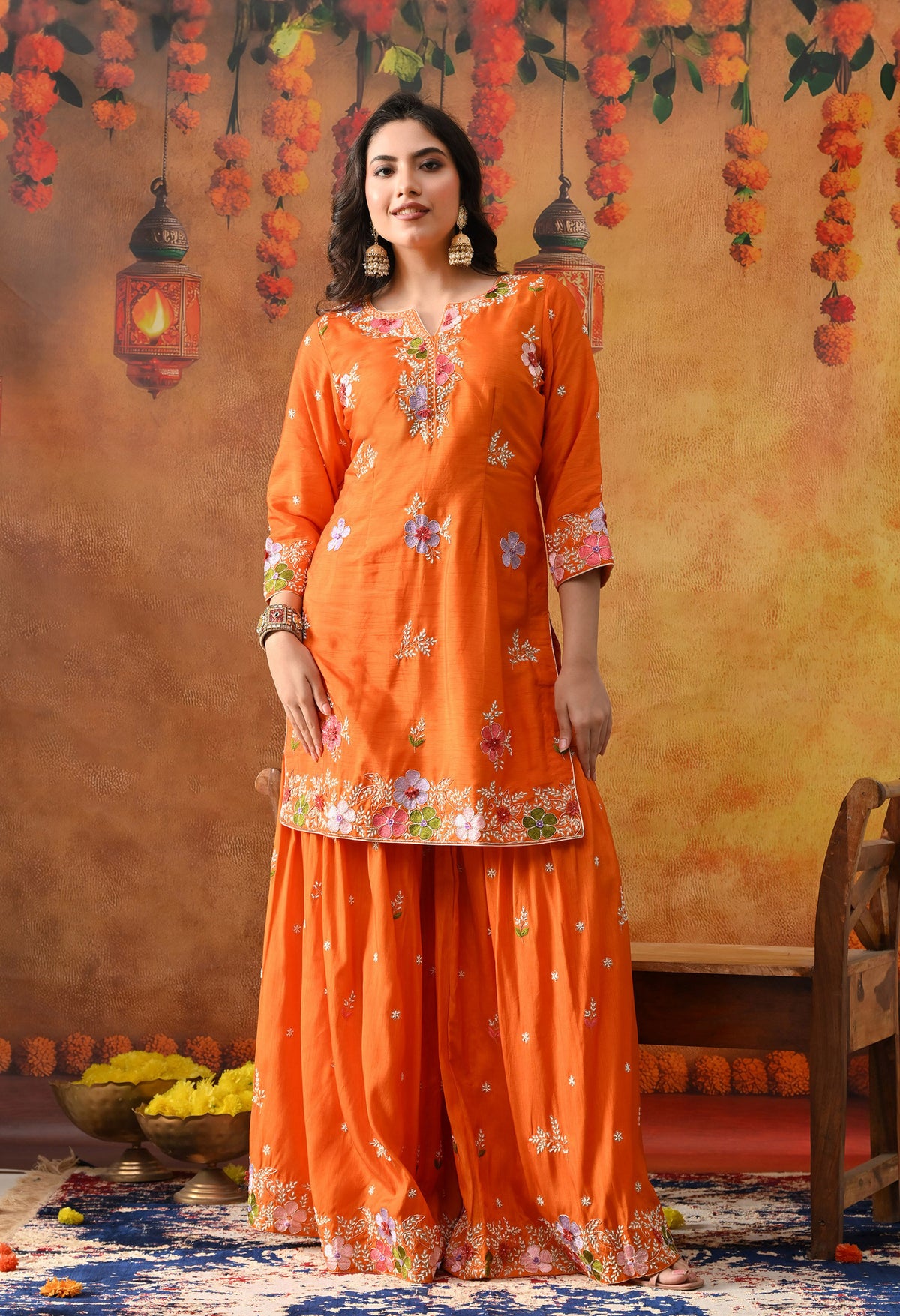 Orange Silk Gharara Set with Zardozi Work