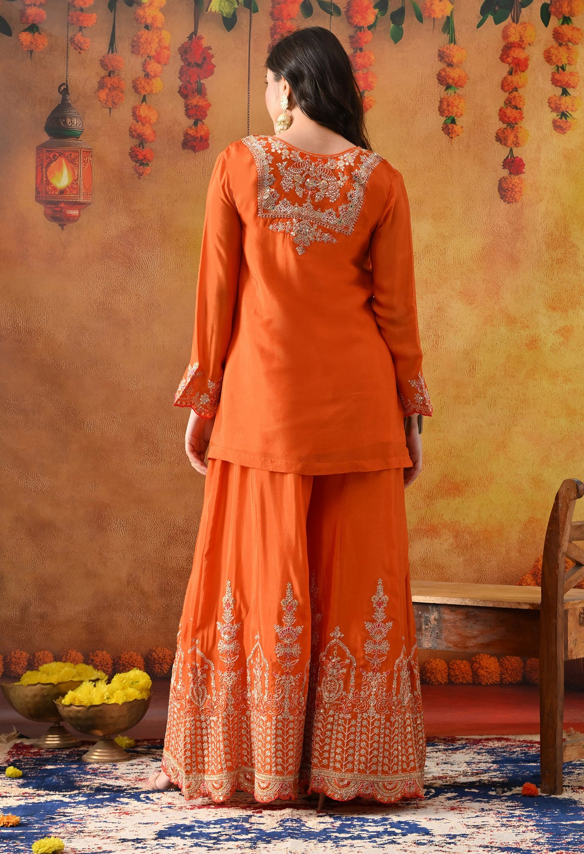 Orange Chinon Sharara Set with Matching Dupatta