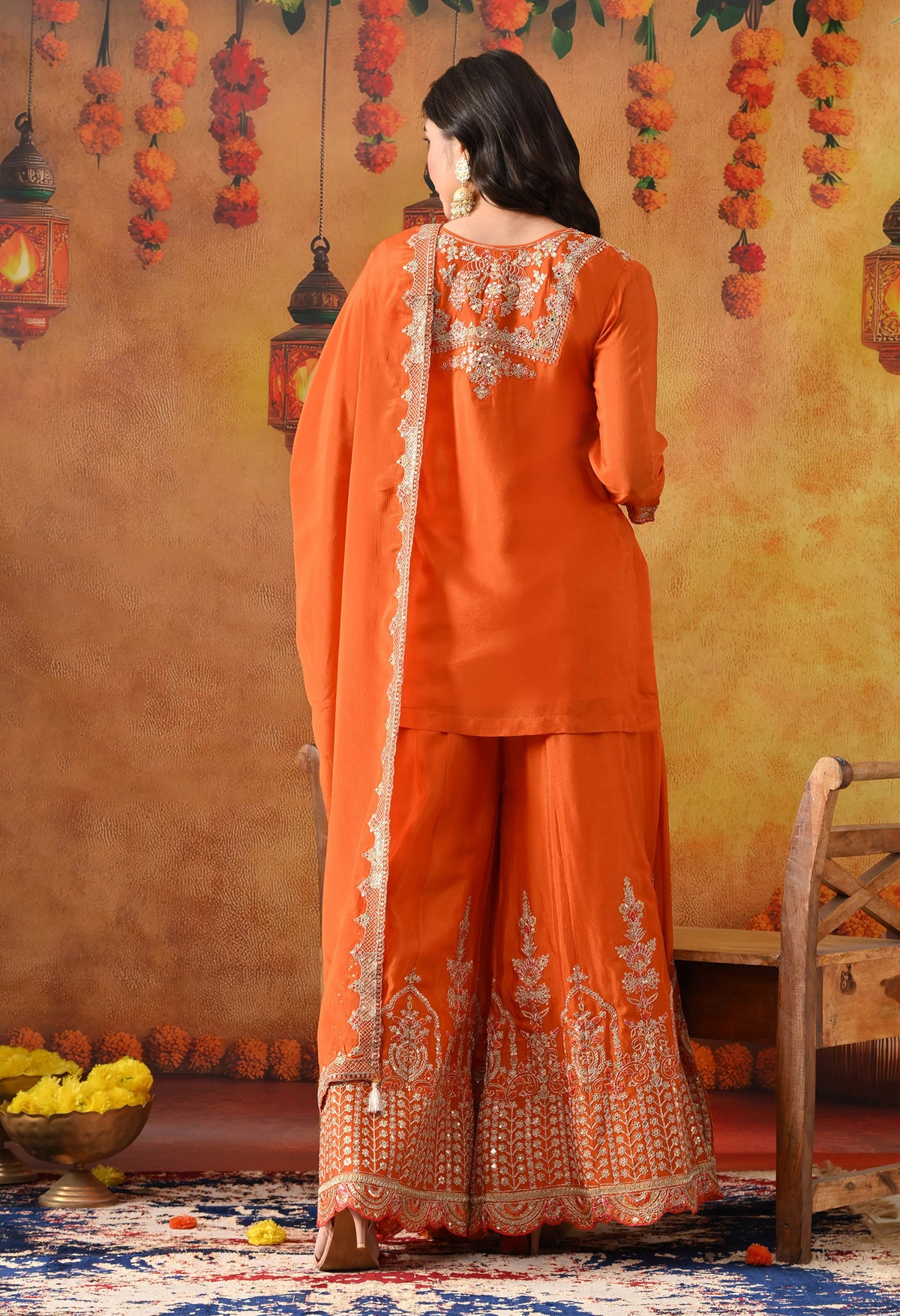 Orange Chinon Sharara Set with Matching Dupatta